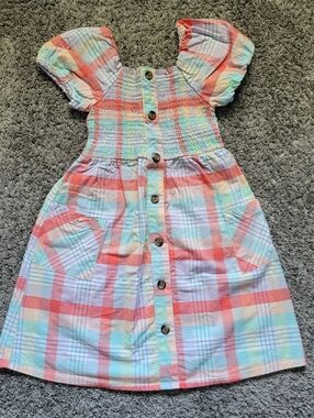 Wonder Nation Pastel Plaid Button-Front Dress in Coral, Mint, Lavender Size 6/6x